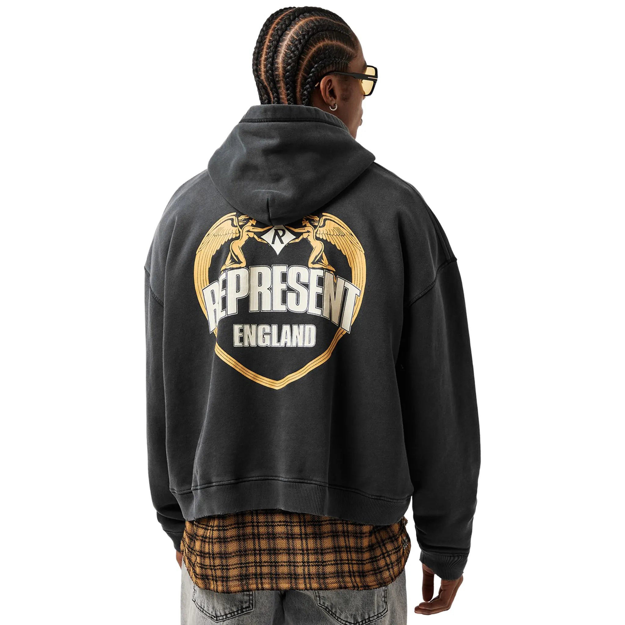 Model Back View of Represent Rep Angel Border Oth Stained Black Hoodie